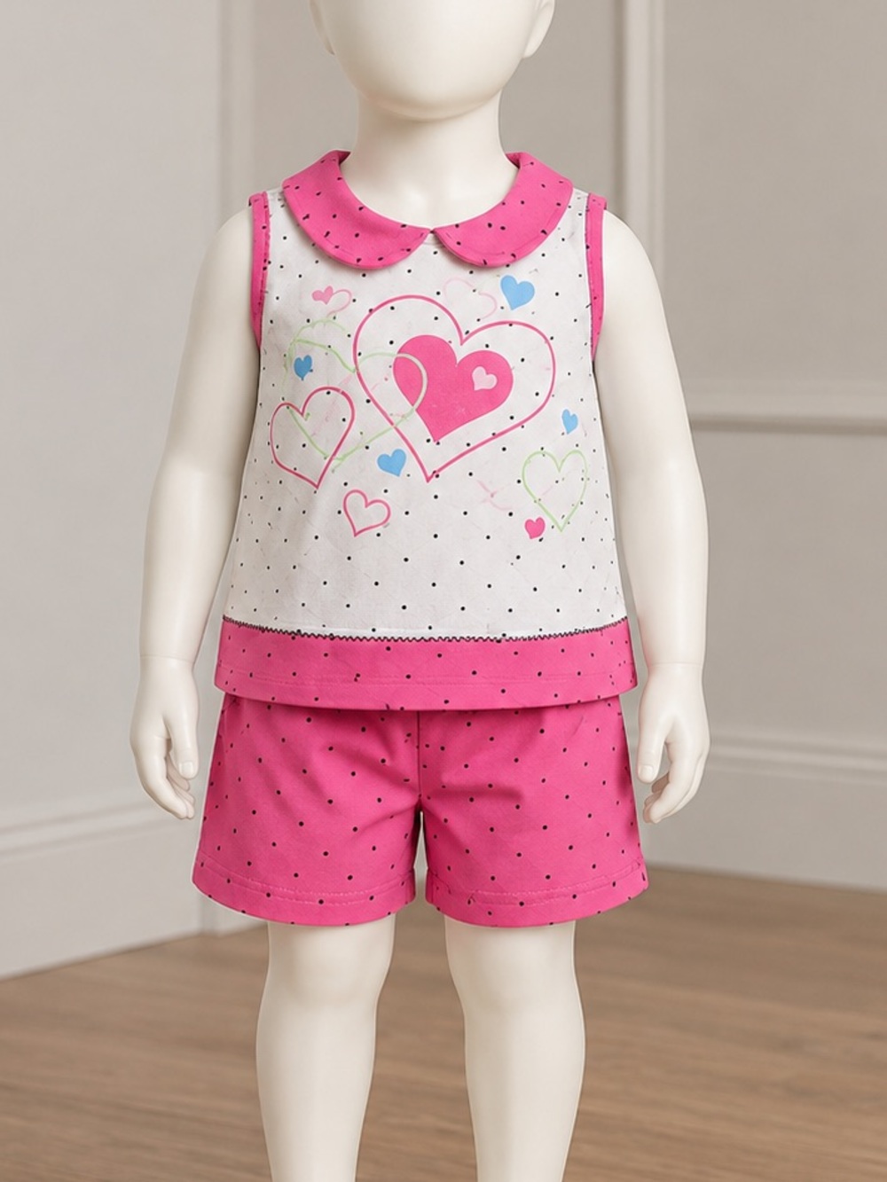 Vintage 1990s Okie Dokie Brand Size 3T Cotton polka dot top & shorts set hearts